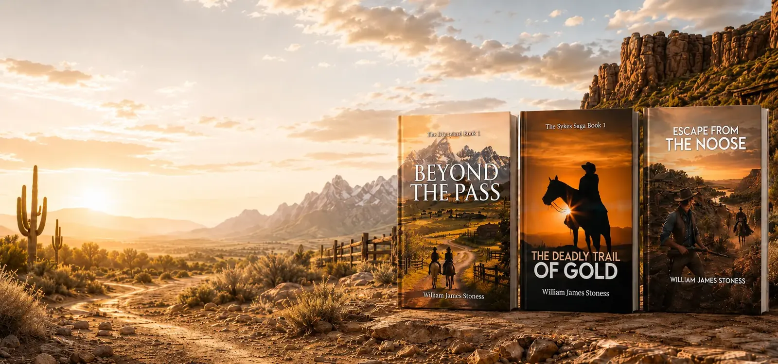 Western novels by William James Stoness in a desert landscape
