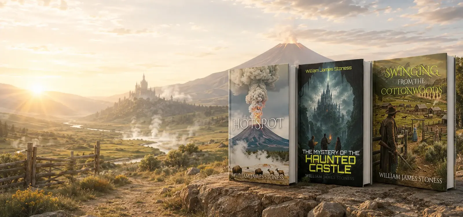 Adventure novels by William James Stoness with castle and volcano landscape