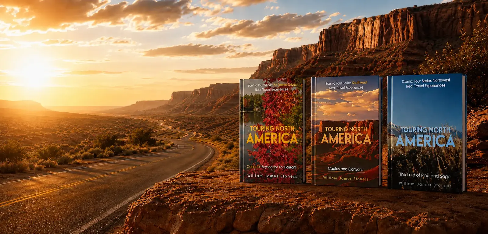Touring North America travel guides on a desert highway